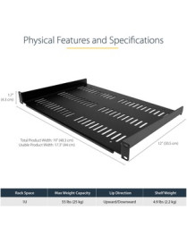 StarTech.com 1U Vented Server Rack Cabinet Shelf - Fixed 12" Deep Cantilever Rackmount Tray for 19" Data/AV/Network Enclosure w/