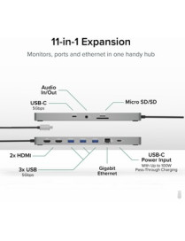 Plugable USB-C 11-IN-1 Hub With Ethernet - for Desktop PC/Notebook/Monitor - Memory Card Reader - SD, microSD - 100 W - USB 3.0 