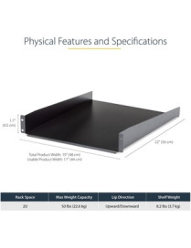 StarTech.com 2U 22in Rack Mount Cantilever Shelf - Fixed Server Rack Cabinet Shelf - 50lbs / 22kg - Add a sturdy, 22in depth fix