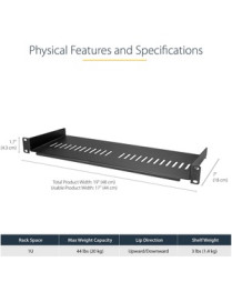 StarTech.com 1U Vented Server Rack Cabinet Shelf - Fixed 7in Deep Cantilever Rackmount Tray for 19" Data/AV/Network Enclosure w/