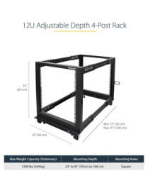 StarTech.com 12U Adjustable Depth Open Frame 4 Post Server Rack w/ Casters / Levelers and Cable Management Hooks - 12U Open Fram