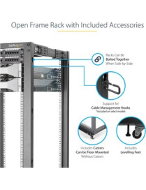 StarTech.com 25U Adjustable Depth Open Frame 4 Post Server Rack w/ Casters / Levelers and Cable Management Hooks - Store your se
