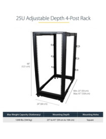 StarTech.com 25U Adjustable Depth Open Frame 4 Post Server Rack w/ Casters / Levelers and Cable Management Hooks - Store your se