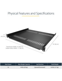 StarTech.com 1U Vented Server Rack Cabinet Shelf - Fixed 16" Deep Cantilever Rackmount Tray for 19" Data/AV/Network Enclosure w/