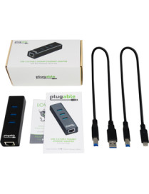 Plugable USB Hub with Ethernet, 3 port USB 3.0 Bus Powered Hub with Gigabit Ethernet Compatible with Windows, MacBook, Linux, Ch