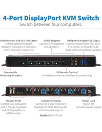 Tripp Lite by Eaton B005-DPUA4 4-Port DisplayPort/USB KVM Switch - 4 Computer(s) - 1 Local User(s) - 4096 x 2160 - 8 x USB - 1 x