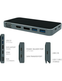 Visiontek USB C Dock with up to 100W PD - USB Type-C Portable dock with up to 100W Power Delivery. VGA, HDMI, DisplayPort video 